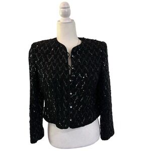 Vintage Ursula of Switzerland Black Sequin Cropped Jacket Made in USA Sz 10P